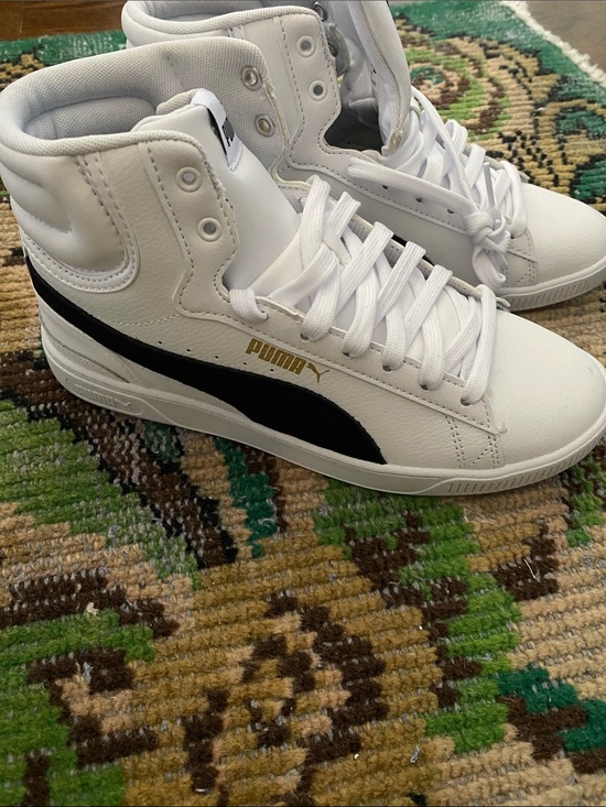 Puma Shoes - Puma White High-Top Sneakers with Black Stripe and Gold Logo